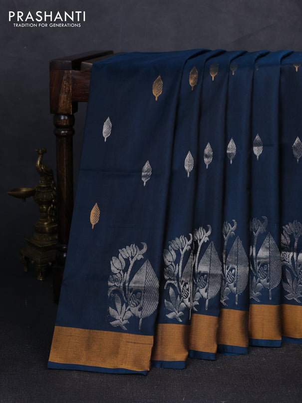 Pure uppada silk saree dark peacock blue with silver & gold zari woven buttas and zari woven butta border