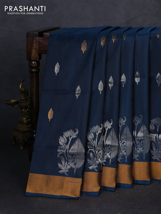Pure uppada silk saree dark peacock blue with silver & gold zari woven buttas and zari woven butta border