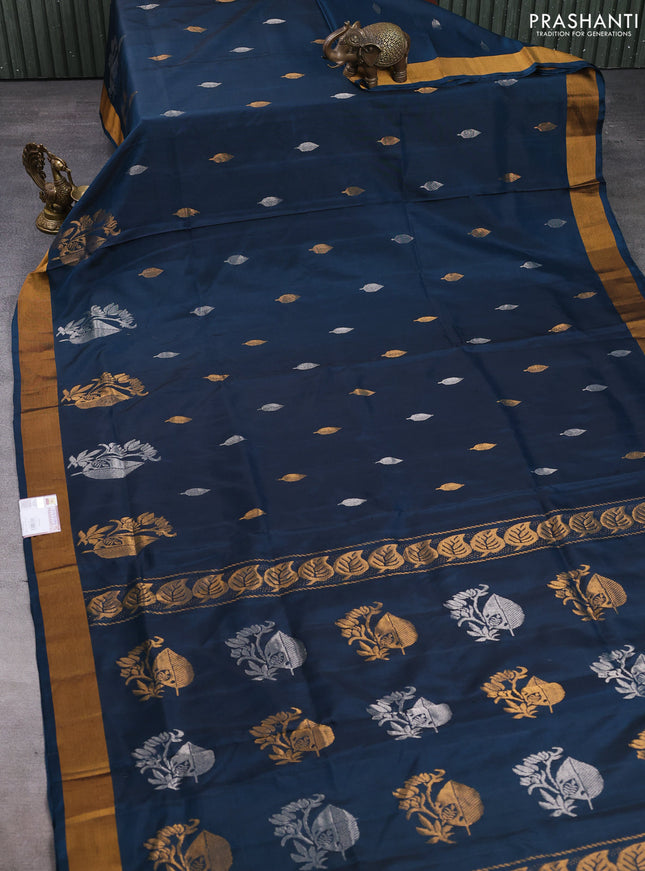 Pure uppada silk saree dark peacock blue with silver & gold zari woven buttas and zari woven butta border