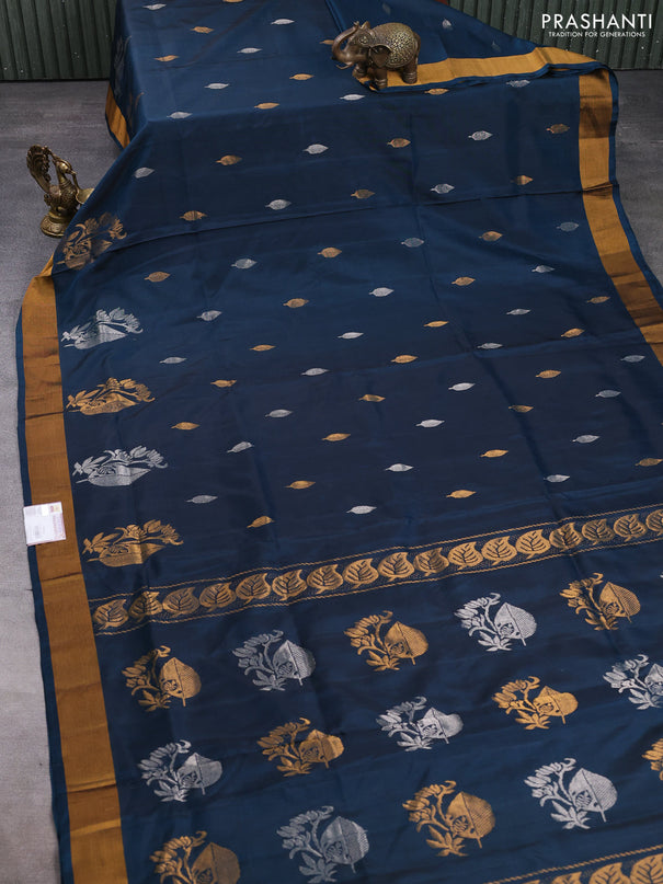 Pure uppada silk saree dark peacock blue with silver & gold zari woven buttas and zari woven butta border