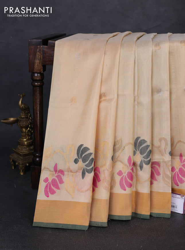 Pure uppada silk saree cream and bottle green with silver & gold zari woven leaf buttas and floral design zari woven border