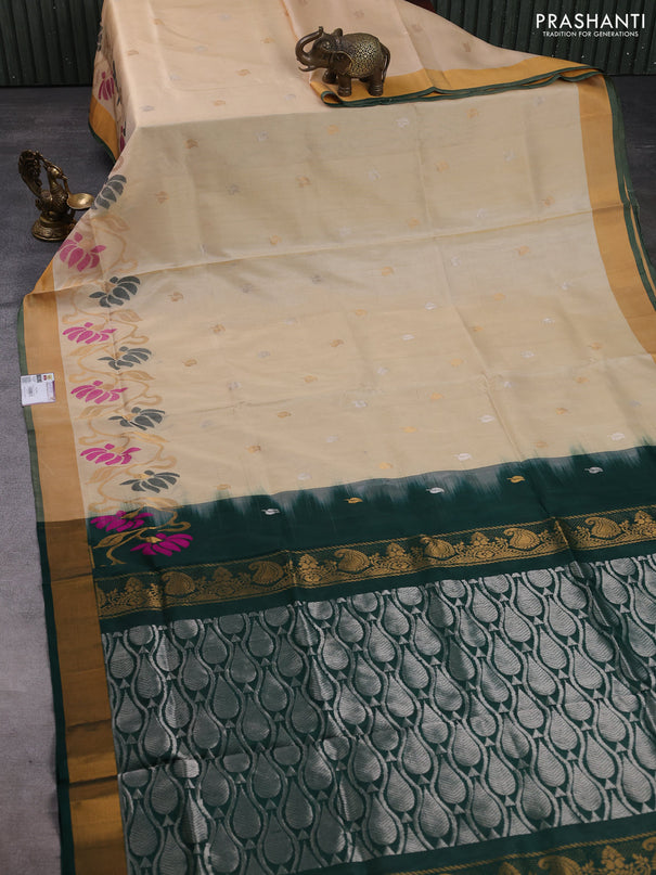 Pure uppada silk saree cream and bottle green with silver & gold zari woven leaf buttas and floral design zari woven border