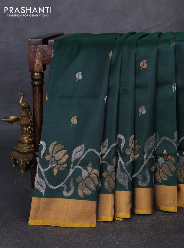 Pure uppada silk saree bottle green and mustard yellow with silver & gold zari woven leaf buttas and floral design zari woven border