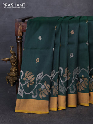 Pure uppada silk saree bottle green and mustard yellow with silver & gold zari woven leaf buttas and floral design zari woven border