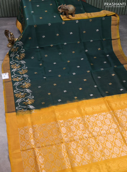Pure uppada silk saree bottle green and mustard yellow with silver & gold zari woven leaf buttas and floral design zari woven border
