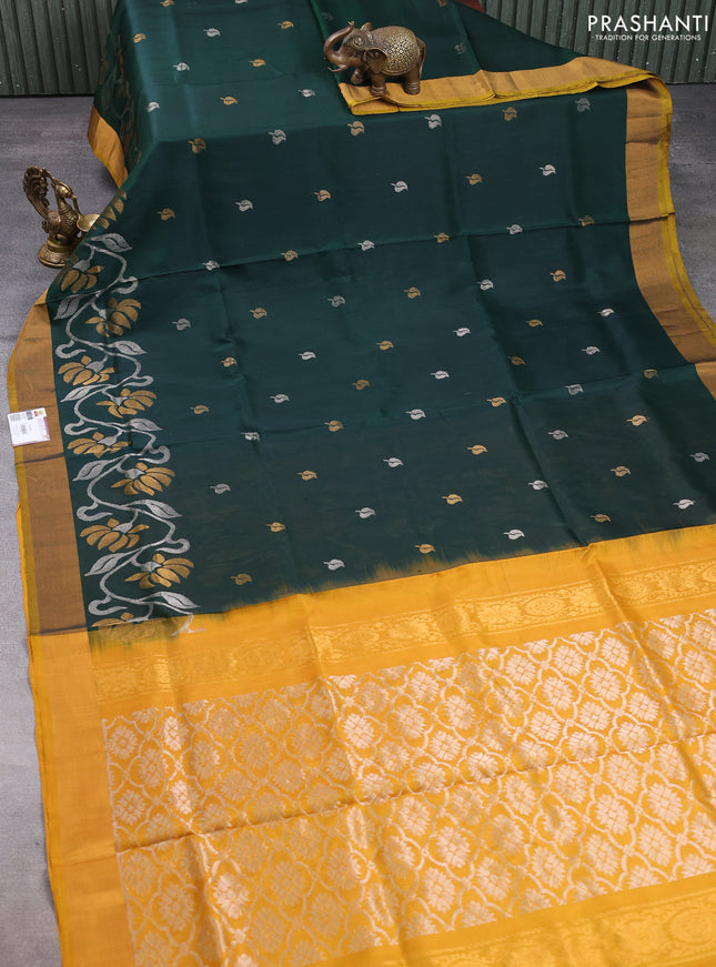 Pure uppada silk saree bottle green and mustard yellow with silver & gold zari woven leaf buttas and floral design zari woven border