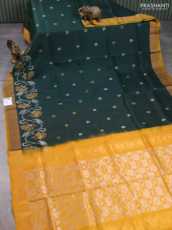 Pure uppada silk saree bottle green and mustard yellow with silver & gold zari woven leaf buttas and floral design zari woven border