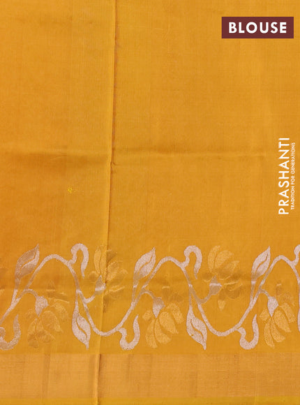 Pure uppada silk saree bottle green and mustard yellow with silver & gold zari woven leaf buttas and floral design zari woven border