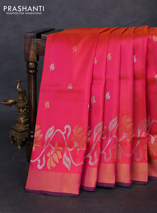 Pure uppada silk saree dual shade of pinkish orange and bottle green with silver & gold zari woven leaf buttas and floral design zari woven border
