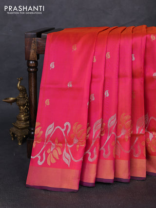 Pure uppada silk saree dual shade of pinkish orange and bottle green with silver & gold zari woven leaf buttas and floral design zari woven border