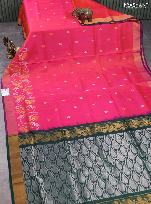 Pure uppada silk saree dual shade of pinkish orange and bottle green with silver & gold zari woven leaf buttas and floral design zari woven border