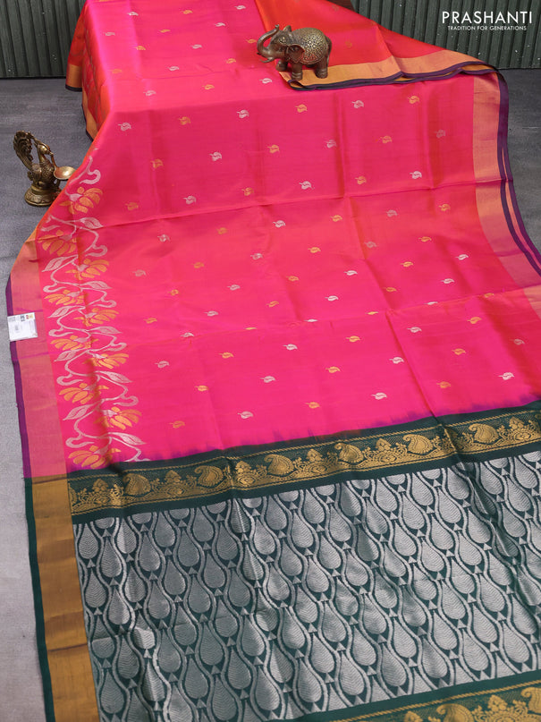 Pure uppada silk saree dual shade of pinkish orange and bottle green with silver & gold zari woven leaf buttas and floral design zari woven border