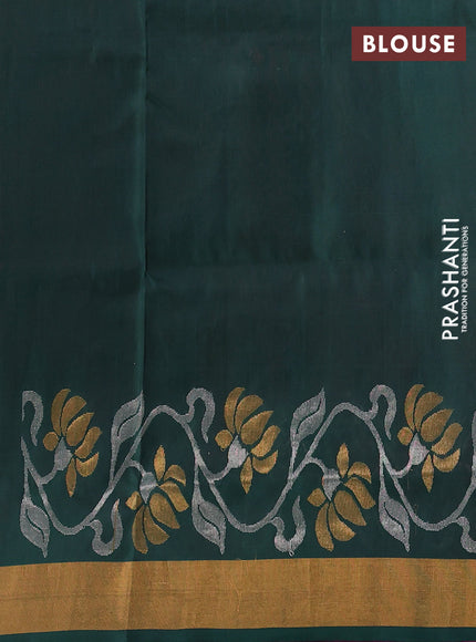 Pure uppada silk saree dual shade of pinkish orange and bottle green with silver & gold zari woven leaf buttas and floral design zari woven border