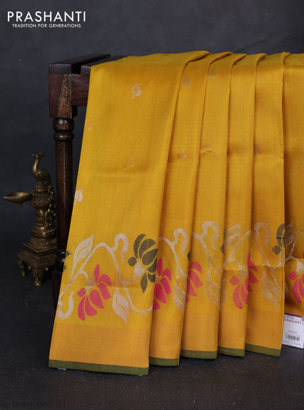 Pure uppada silk saree mustard yellow and bottle green with silver & gold zari woven leaf buttas and floral design zari woven border