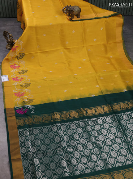 Pure uppada silk saree mustard yellow and bottle green with silver & gold zari woven leaf buttas and floral design zari woven border