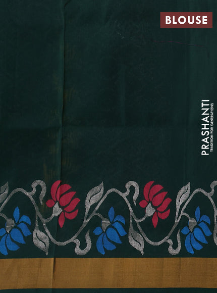 Pure uppada silk saree mustard yellow and bottle green with silver & gold zari woven leaf buttas and floral design zari woven border