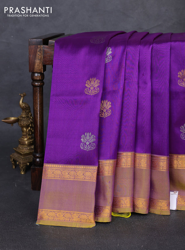 Pure uppada silk saree purple and dual shade of lime green with silver & gold zari woven buttas and rettapet zari woven border