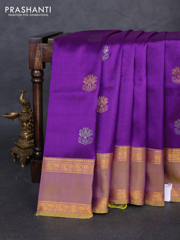 Pure uppada silk saree purple and dual shade of lime green with silver & gold zari woven buttas and rettapet zari woven border