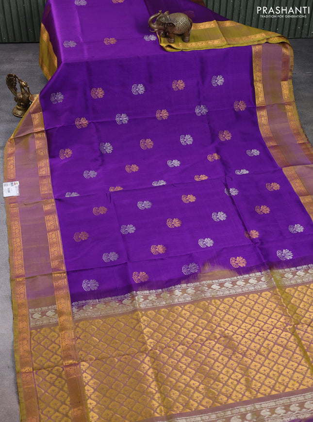 Pure uppada silk saree purple and dual shade of lime green with silver & gold zari woven buttas and rettapet zari woven border