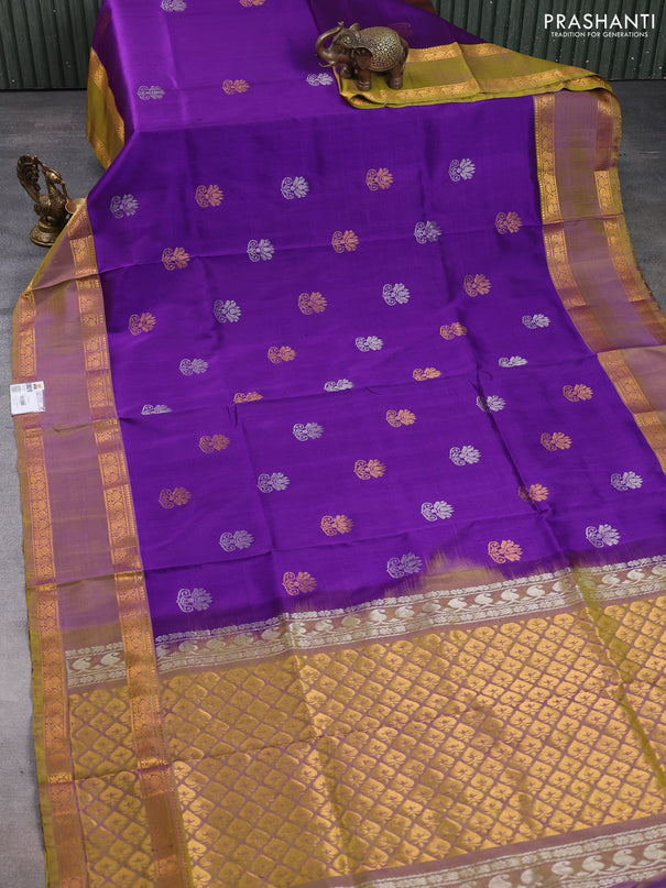 Pure uppada silk saree purple and dual shade of lime green with silver & gold zari woven buttas and rettapet zari woven border