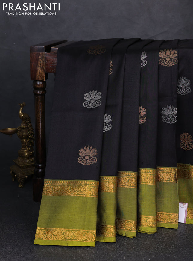 Pure uppada silk saree black and mehendi green with silver & gold zari woven buttas and rettapet zari woven border