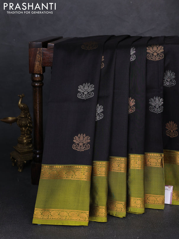 Pure uppada silk saree black and mehendi green with silver & gold zari woven buttas and rettapet zari woven border