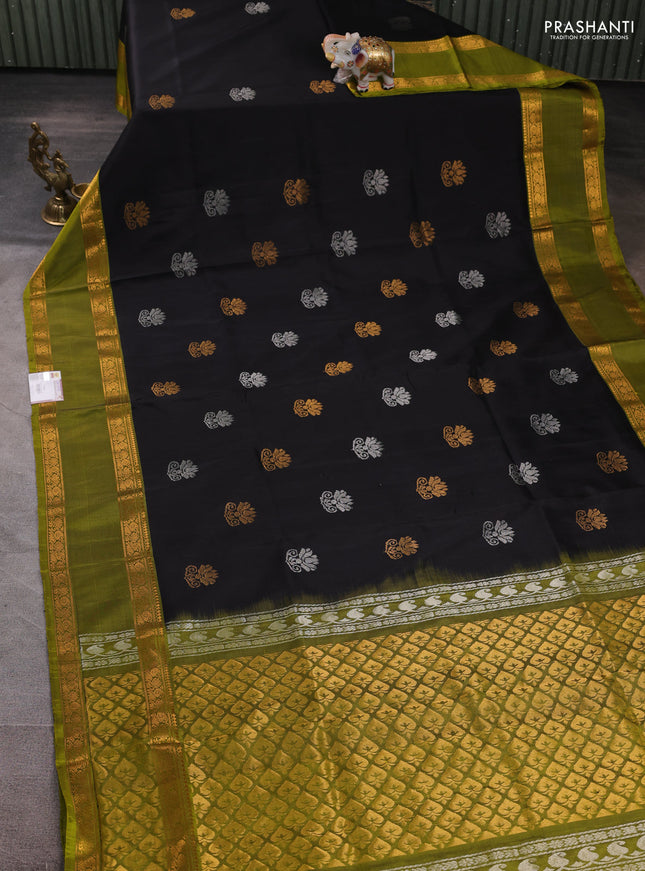 Pure uppada silk saree black and mehendi green with silver & gold zari woven buttas and rettapet zari woven border