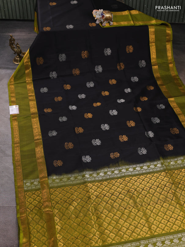 Pure uppada silk saree black and mehendi green with silver & gold zari woven buttas and rettapet zari woven border