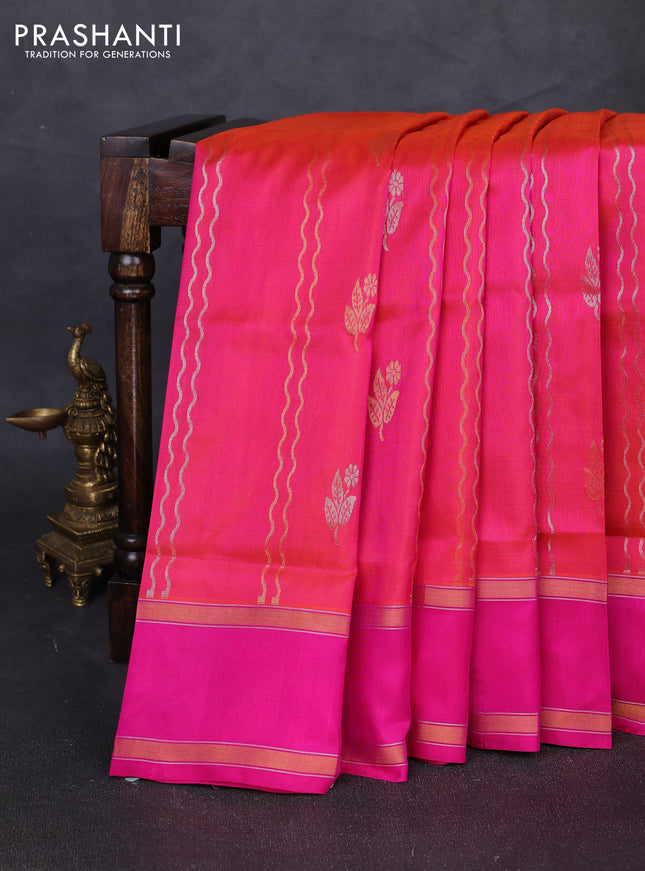 Pure uppada silk saree dual shade of pinkish orange and pink with allover zari weaves & buttas and rettapet zari woven border