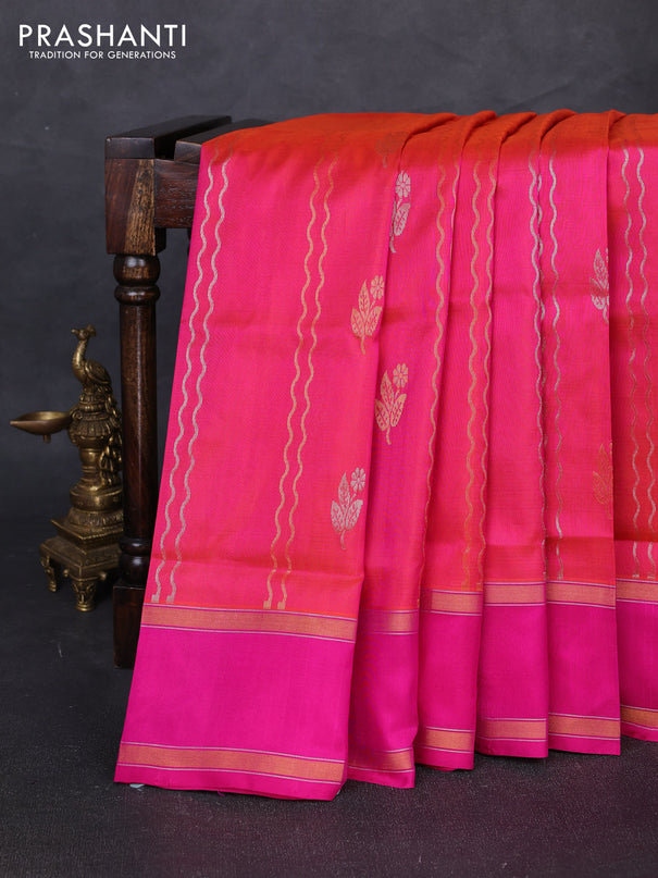 Pure uppada silk saree dual shade of pinkish orange and pink with allover zari weaves & buttas and rettapet zari woven border