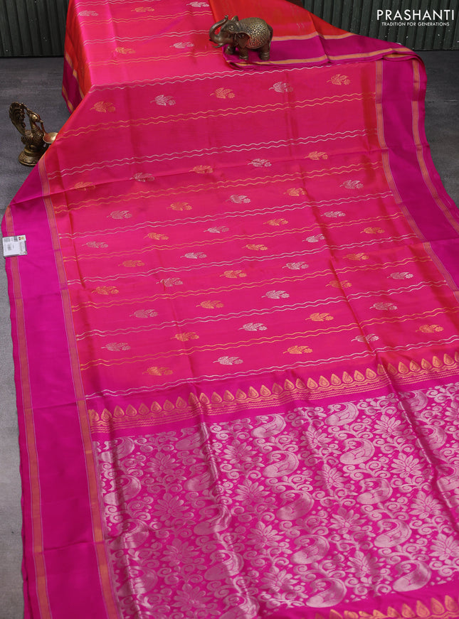Pure uppada silk saree dual shade of pinkish orange and pink with allover zari weaves & buttas and rettapet zari woven border
