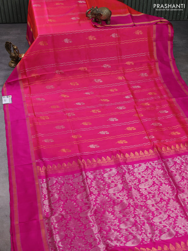 Pure uppada silk saree dual shade of pinkish orange and pink with allover zari weaves & buttas and rettapet zari woven border