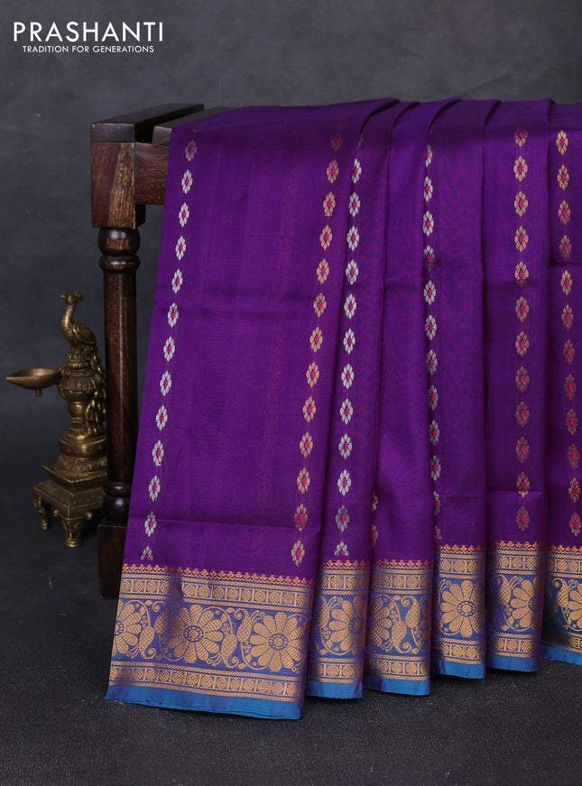 Pure uppada silk saree purple and dual shade of blue with allover silver & gold zari woven buttas and zari woven border