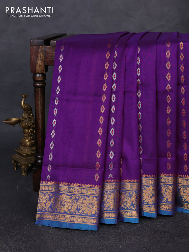 Pure uppada silk saree purple and dual shade of blue with allover silver & gold zari woven buttas and zari woven border