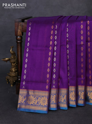 Pure uppada silk saree purple and dual shade of blue with allover silver & gold zari woven buttas and zari woven border