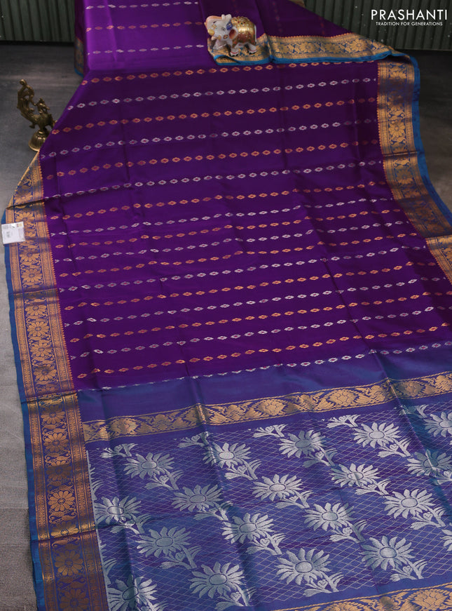 Pure uppada silk saree purple and dual shade of blue with allover silver & gold zari woven buttas and zari woven border
