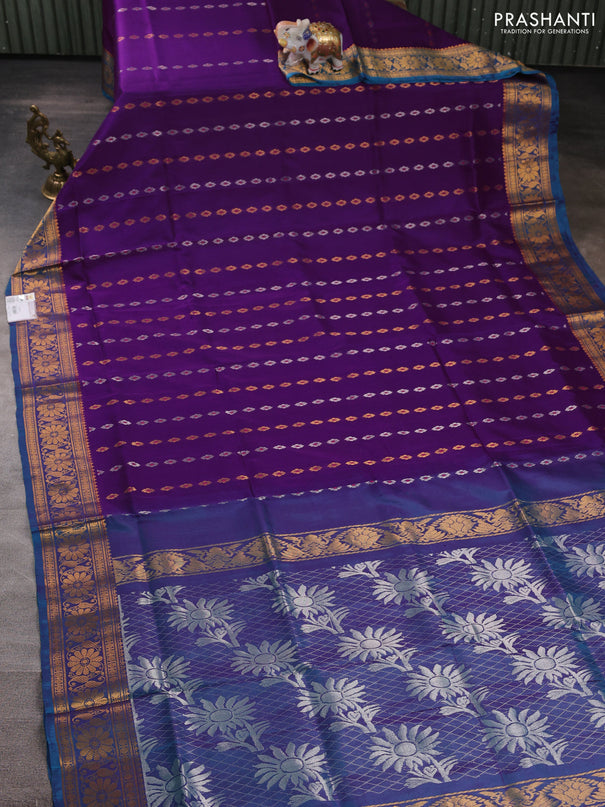 Pure uppada silk saree purple and dual shade of blue with allover silver & gold zari woven buttas and zari woven border