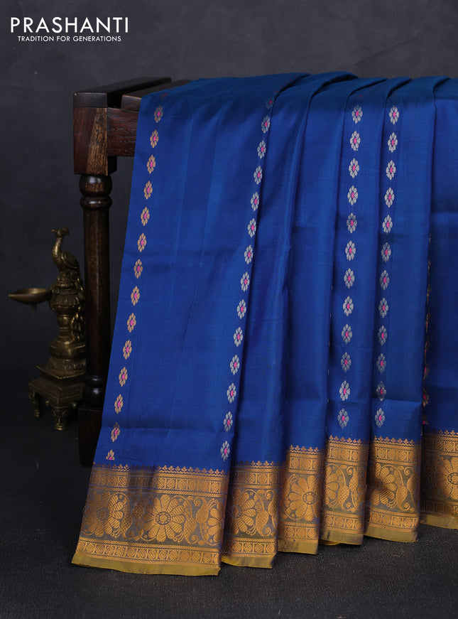 Pure uppada silk saree peacock blue and dual shade of mustard with allover silver & gold zari woven buttas and zari woven border
