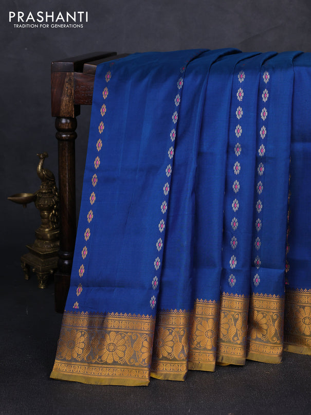 Pure uppada silk saree peacock blue and dual shade of mustard with allover silver & gold zari woven buttas and zari woven border