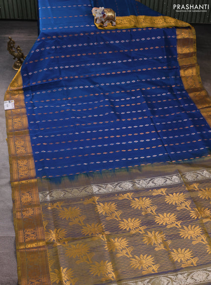 Pure uppada silk saree peacock blue and dual shade of mustard with allover silver & gold zari woven buttas and zari woven border