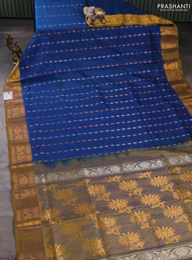 Pure uppada silk saree peacock blue and dual shade of mustard with allover silver & gold zari woven buttas and zari woven border