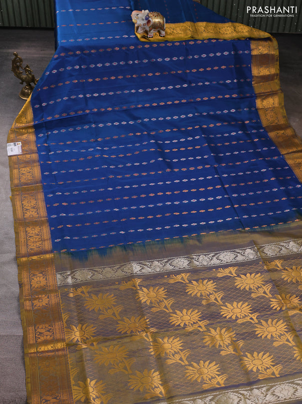Pure uppada silk saree peacock blue and dual shade of mustard with allover silver & gold zari woven buttas and zari woven border