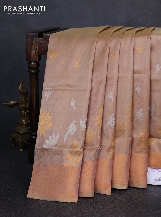 Pure uppada silk saree beige with silver & gold zari woven floral buttas and floral design zari woven border