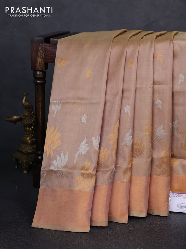 Pure uppada silk saree beige with silver & gold zari woven floral buttas and floral design zari woven border