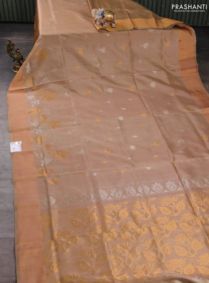 Pure uppada silk saree beige with silver & gold zari woven floral buttas and floral design zari woven border