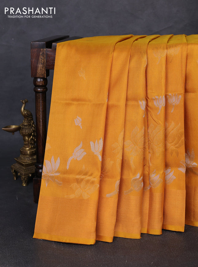 Pure uppada silk saree mustard yellow with silver & gold zari woven floral buttas and floral design zari woven border