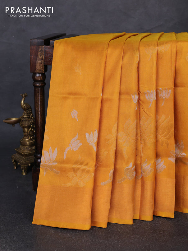 Pure uppada silk saree mustard yellow with silver & gold zari woven floral buttas and floral design zari woven border
