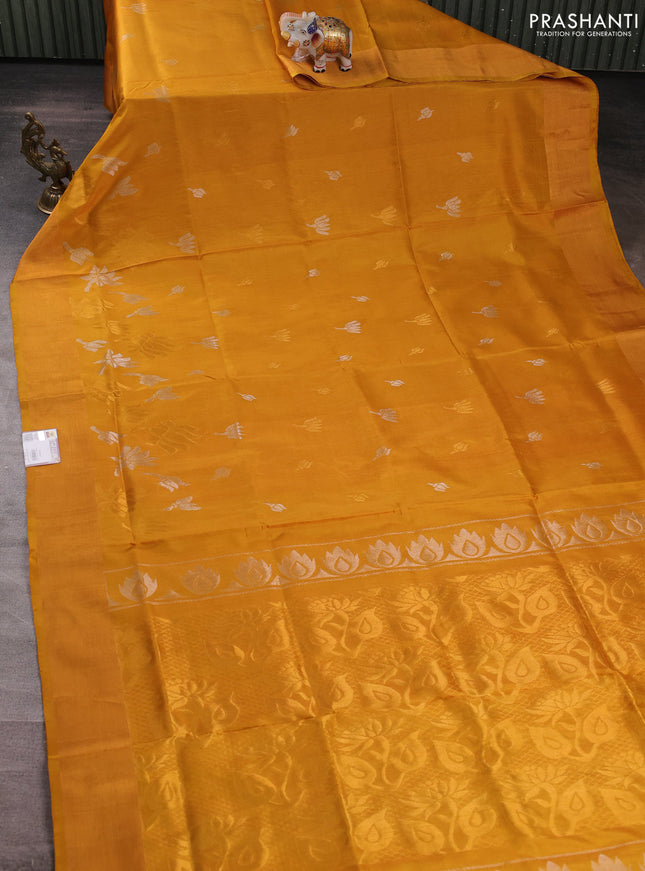 Pure uppada silk saree mustard yellow with silver & gold zari woven floral buttas and floral design zari woven border