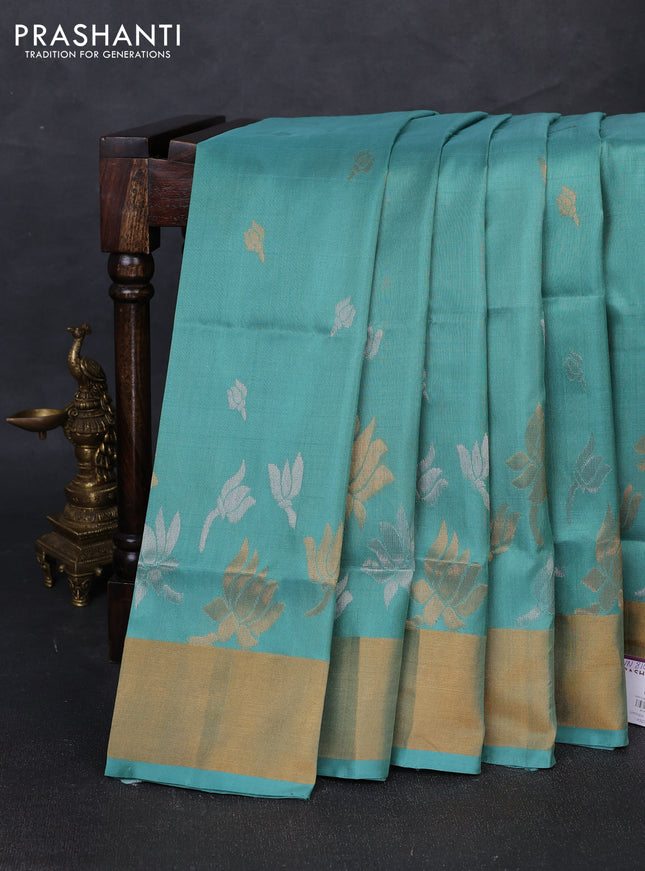 Pure uppada silk saree teal green shade with silver & gold zari woven floral buttas and floral design zari woven border