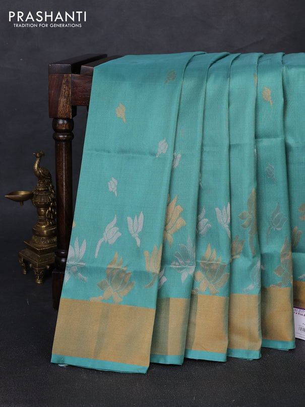 Pure uppada silk saree teal green shade with silver & gold zari woven floral buttas and floral design zari woven border